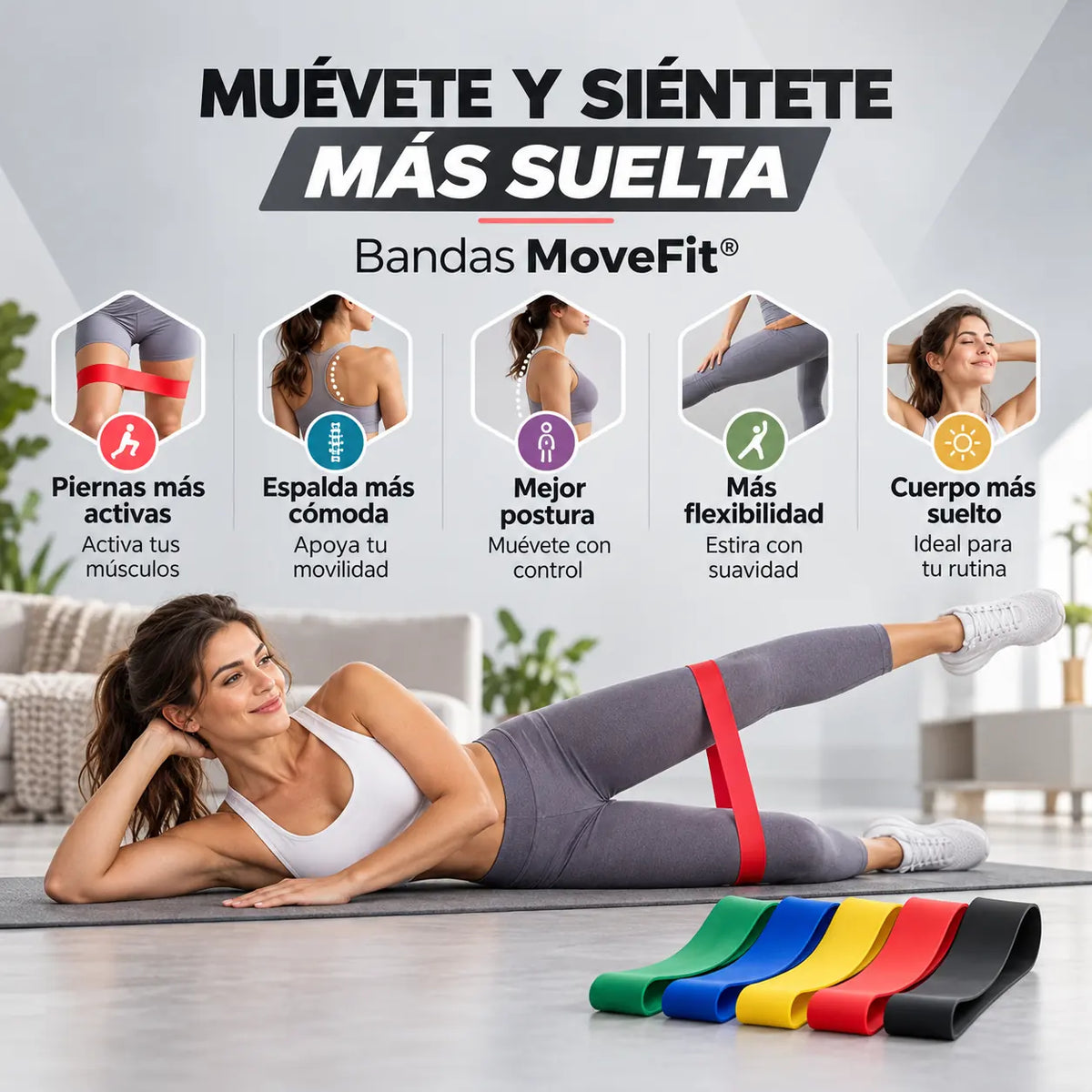 MoveFit® - Kit de 5 bandas para moverte mejor y fortalecer tu cuerpo + Bolsa incluida