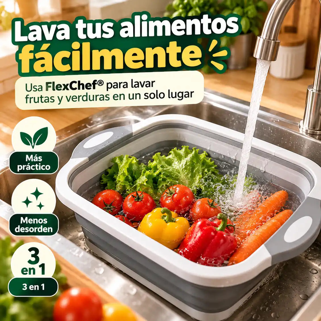 FlexChef® - Lava, escurre y corta en un solo producto | 🔥 3 en 1