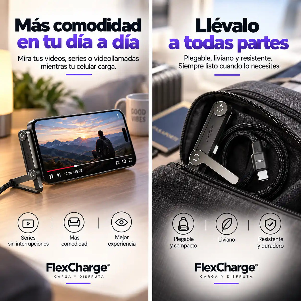 FlexCharge® 2x1 - Usa tu celular cómodamente mientras carga