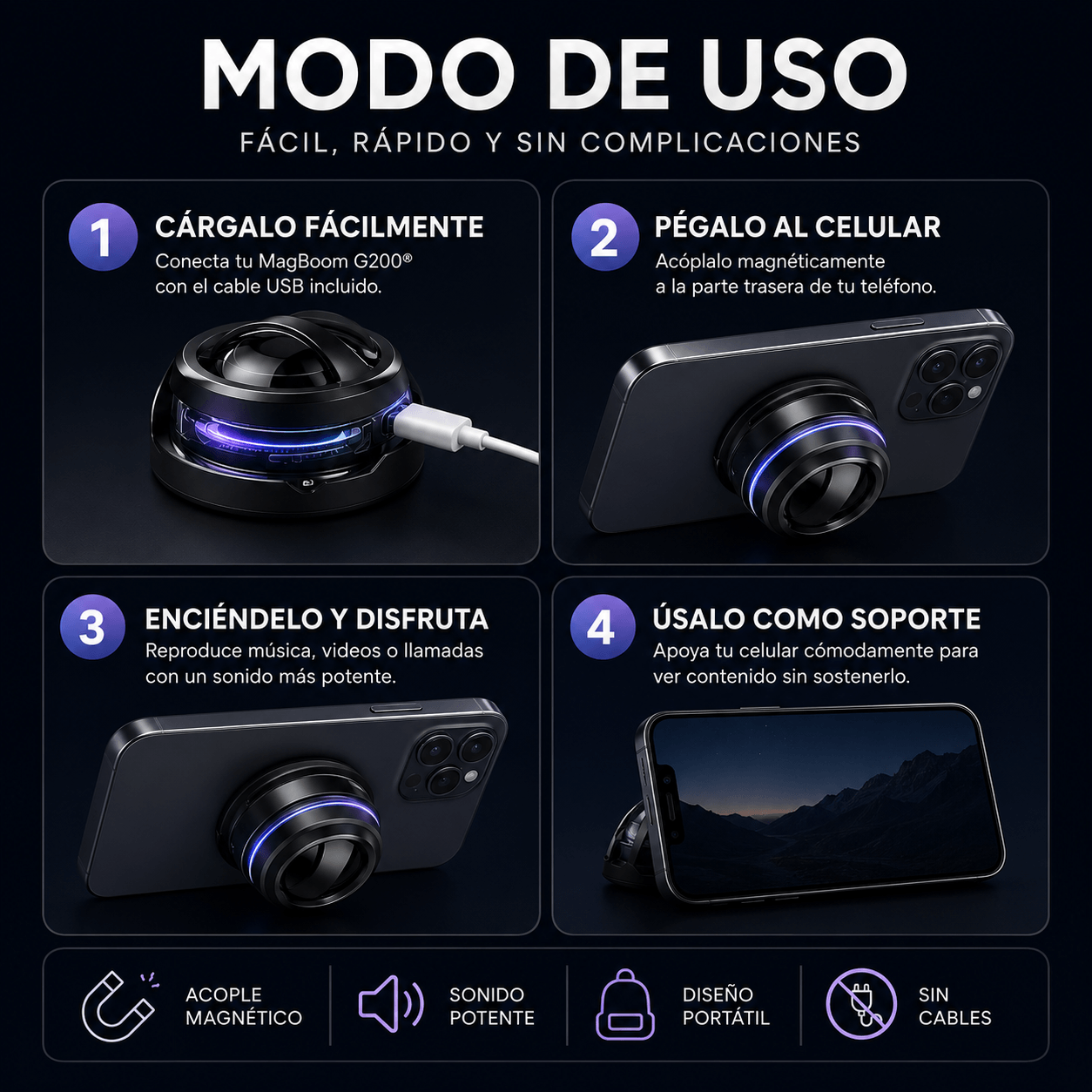 MagBoom G200® - Sonido potente y soporte práctico donde vayas
